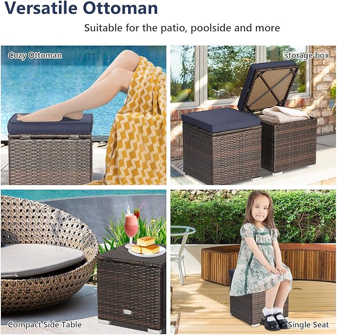 Tangkula 2 Pieces Patio Ottomans, Patiojoy Hand-Woven PE Rattan Side Table with Removable Cushion & Hidden Storage Space, Multifunctional Storage Box, Seat for Patio, Backyard, Poolside (Navy) TANGKULA
