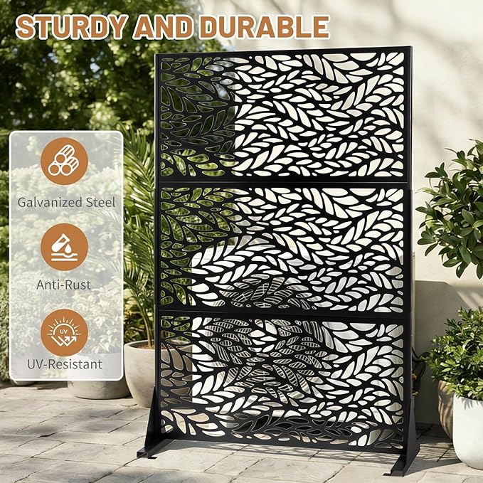 VINGLI Privacy Fence Panels, 72H’’ x 47W’’ Metal Privacy Screen Freestanding, Decorative Privacy Panels for Patio Garden Pool, Outdoor & Indoor (Leaf) VINGLI