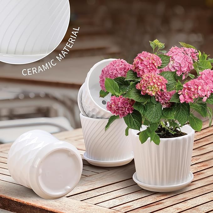Plant Pots - 5.5 Inch Cylinder Ceramic Planters with Connected Saucer, Pots for Succuelnt and Little Snake Plants, Set of 4, White sietpoek
