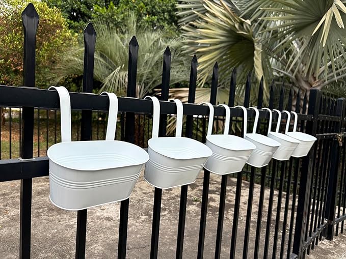 10" Hanging Flower Pots, Pack of 6 White Metal Outdoor Patio Balcony Planter, Railing Planters Fence Pot with Detachable Hook & Drainage Hole for Small Plants (White, 6Pcs) JOYFERNAL