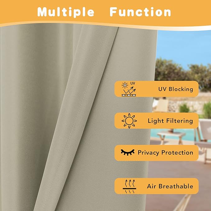 HolidayIdeas Outdoor Curtains for Patio Waterproof, 2 Panels - 84 x 95 Inch - Privacy Protection & Light Filtering Curtains Grommet Outside Curtains for Porch, Gazebo, Pergola, Backyard (Taupe) HolidayIdeas