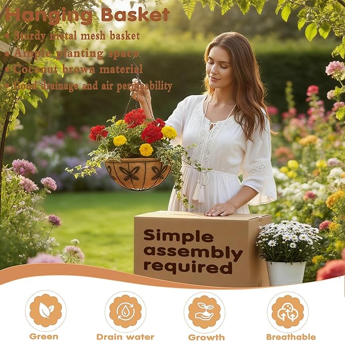 12 inch Metal Hanging Baskets For Plants Outdoor 4 Pack Round Metal Wire Hanging Basket Planter with Coco Fiber Liners Chain Round Wire Plant Holder for Garden, Patio, Deck, Porch Plants Flower Potss JFFLYIT
