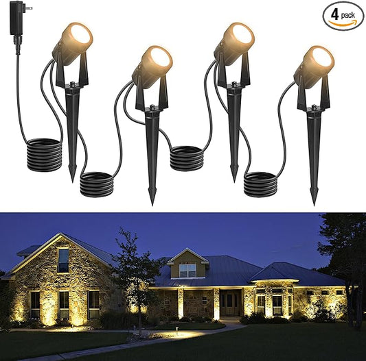 Outdoor Landscape Lighting Waterproof with 45.9FT Cable & built-in LED Light, Low Voltage 12W 1200LM Plug in Electric LED Spot Light 3000K Uplight with Transformer for Garden Yard Tree Path, Pack of 4 NEWKAZ