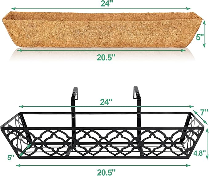 4pcs 24 Inch Window Deck with Coco Liner, 24" Window Boxes Horse Trough with Coconut Coir Liner, Metal Hanging Flower Planter Window Basket Deck Railing Planter Boxes for Outdoor Indoor Lawn LAWYAMAI