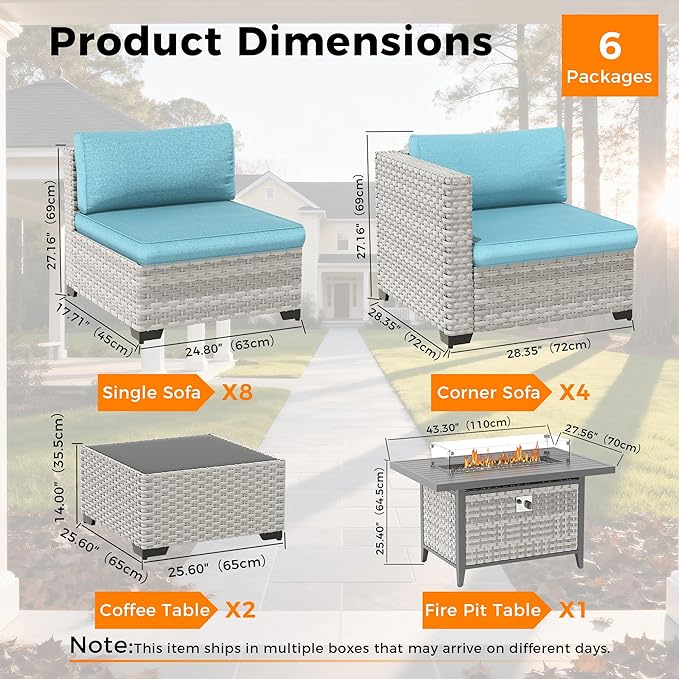12-Seat Modern Outdoor Wicker Rattan Patio Furniture Set with 55,000 BTU Fire Pit Table, Thick 4″ Cushions, All-Weather Dual-Strand Rattan, Rust-Resistant Steel Frame,Blue MASIONBACKYARDS