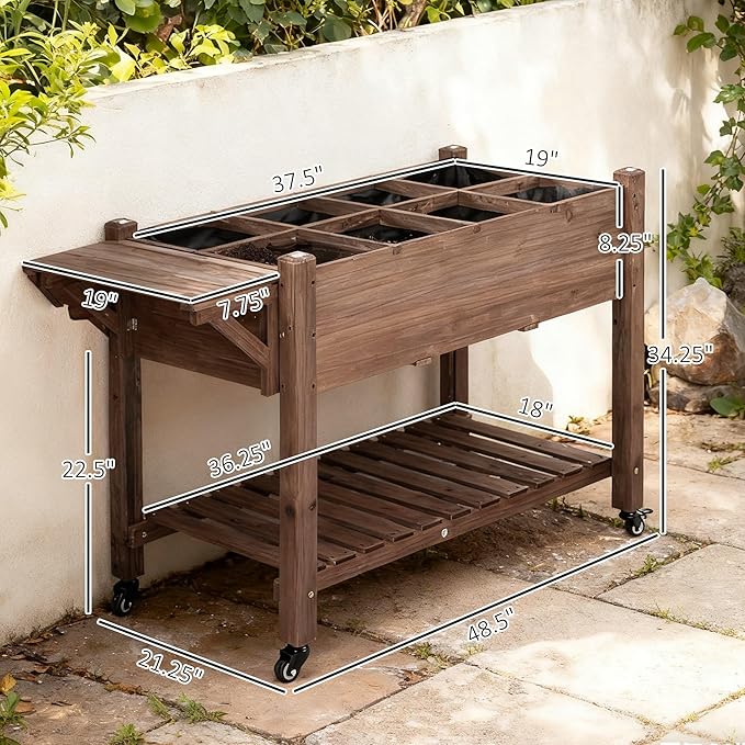 Outsunny Raised Garden Bed with 8 Grow Grids, Wooden Outdoor Plant Box Stand with Folding Side Table and Wheels, 49" x 21" x 34", for Vegetables, Flowers, Herbs, Brown Outsunny