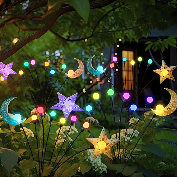 TAKE ME Solar Firefly Lights Outdoor Moon Star Sun Projection Stake Lights - Waterproof Solar Powered Garden Lights for Pathway, Yard, Patio Decor Color Changing TAKEME