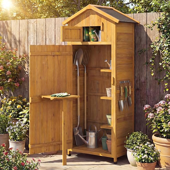 Goplus All-in-One Storage Shed, 70" Tall Wooden Lockable Cabinet w/Foldable Work Table, Vertical Utility Tool Organizer w/Shelves & Hooks, Waterproof Garden Shed for Patio Backyard (Natural) Goplus