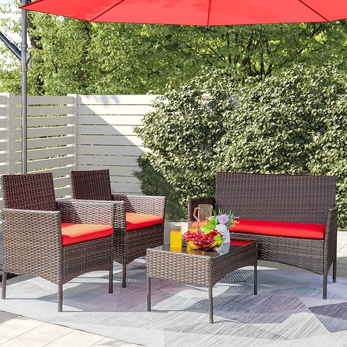 Greesum Patio Furniture 4 Pieces Conversation Sets Outdoor Wicker Rattan Chairs Garden Backyard Balcony Porch Poolside loveseat with Soft Cushion and Glass Table, Brown and Red BuynowfromGreesum
