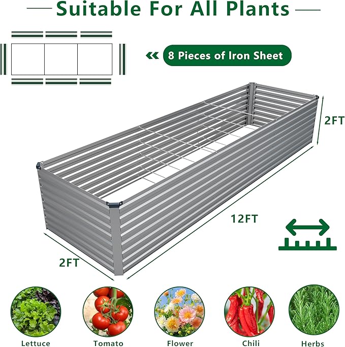 12x2x2FT Galvanized Raised Garden Bed Kit,Vegetable Plant Boxes-Rectangle Metal Flower Box,Large Planter Raised Beds Outdoor Garden for Planting,Fruit,Herb-Silver DIIYIV