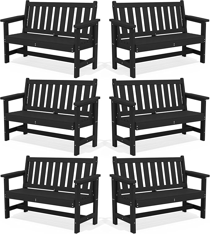 SERWALL Outdoor Bench, HDPE Outdoor Benches Weatherproof, 2-Person Garden Bench with 660 lbs Weight Capacity, Patio Benches for Outdoors, Garden, Porch, Backyard and Park, Black, 6 Pack SERWALL
