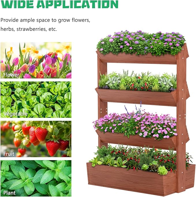 DoCred Vertical Wooden Raised Garden Bed, 4 Tier Garden Planters Freestanding Wood Plant Stand Flower Rack Wooden Planter Box for Plants Herbs Flowers Vegetables Outdoor Indoor Gardening DoCred