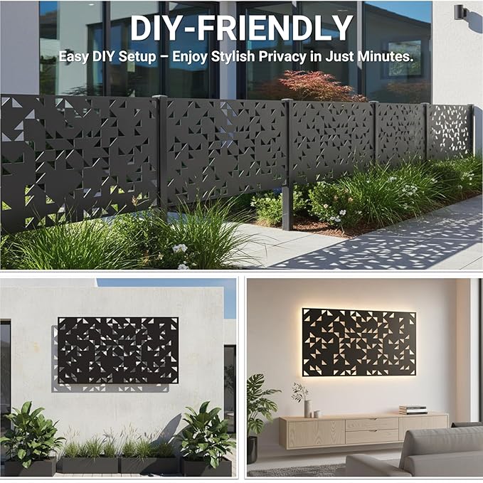 Metal Privacy Screen Outdoor 6FT – Laser-Cut Geometric Mosaic Decorative Steel Panel, Weather-Resistant Freestanding Rustproof Privacy Wall Divider for Patio, Garden, Deck & Balcony TALLYVERUS