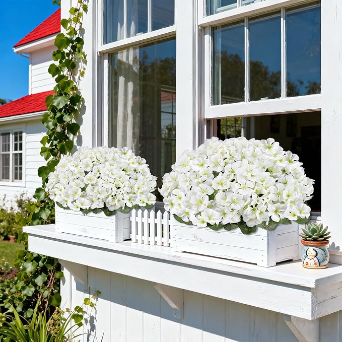 Artificial Geranium Flowers for Outdoors, 6 Bundles Realistic Silk Fake Geranium, No Fade Faux Plants for Hanging Baskets, Window Boxes, Pots - Porch, Patio, Balcony Decor(White) AmberFun