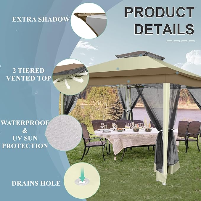 COBIZI 12x12 Pop up Gazebo on Clearance with Mosquito Netting & Sandbags, Outdoor Canopy Tent with 4 Ropes 8 Stakes & Portable Carrying Bag, Patio Portable Gazebo for Garden Backyard & Lawn, Beige COBIZI