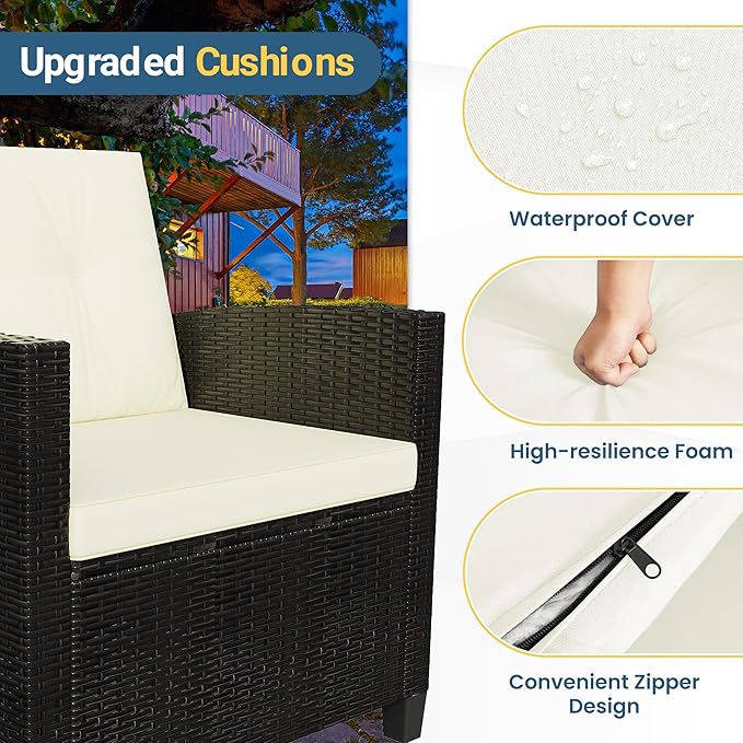 Wisteria Lane 4 Piece Patio Furniture Set, Wicker Outdoor Patio Conversation Furniture Set, All Weather Outdoor Patio Sofa with Cushion and Wood Table, Beige Wood WisteriaLane