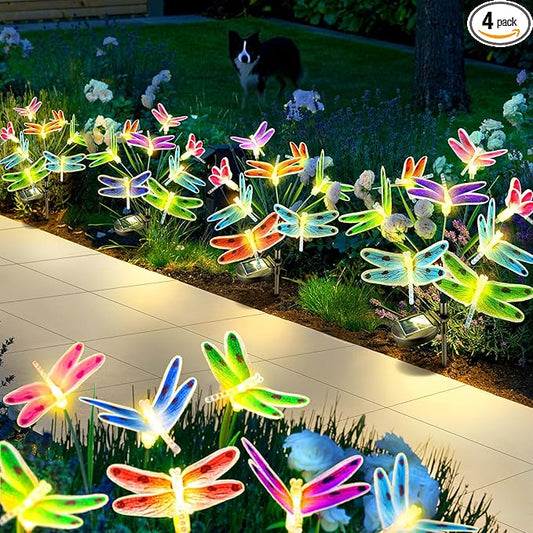 Anordsem Solar Garden Lights Outdoor: 8 Removable Fiber Optic Fabric Dragonflies 4 Pack - Waterproof Fun Animal Decoration for Yard Patio - Gardening Gifts for Garden Lovers Anordsem