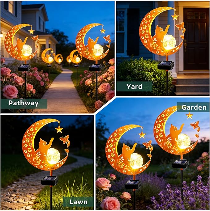 ZNYCYE Solar Lights Outdoor Decorative Moon Cat Butterfly Solar Stake Lights Birthday Gifts for Women mom Grandma, Garden Decor Waterproof for Walkway, Yard, Lawn, Patio (Warm White) ZNYCYE