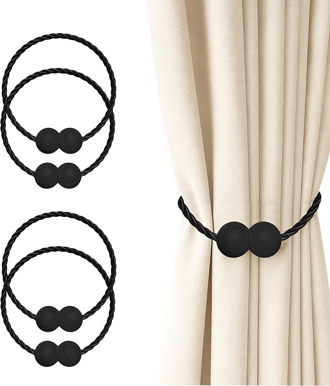 Hion Magnetic Curtain Tiebacks 4 Pack, Nickel-plated Metal and Polyester, Black Hion