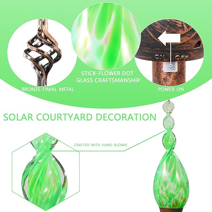 Solar Garden Lights Outdoor, Decorative LED Flame Garden Stakes, Hand Blown Glass and Outdoor Waterproof Glass Stakes (Green) Rootora