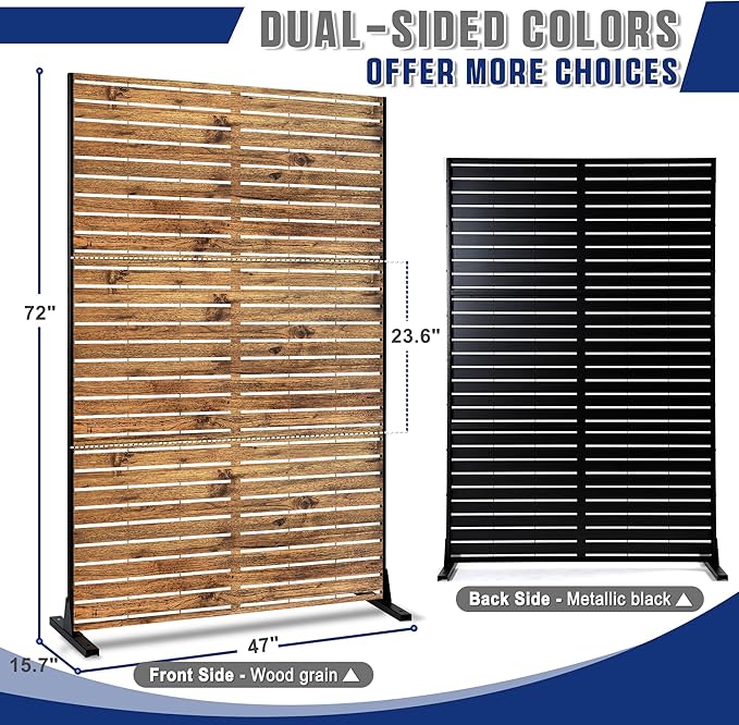Metal Privacy Screen, 72" H×47" W Outdoor Privacy Screen, Freestanding Decorative Privacy Screen for Deck Balcony Patio, Natural Wood Brown FENCY