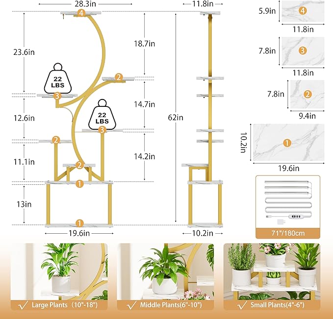 Plant Stand Indoor with Grow Lights - 62" Tall Plant Shelf, Lighted Corner Plant Stands for Indoor Growing, 8 Tiered Large Flower Holder, S-Shaped Plants Rack for Living Room, Bedroom, Faux Marble BACEKOLL