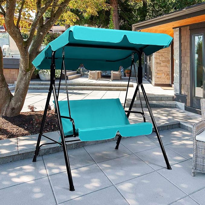Tangkula 2 Person Porch Swing, Outdoor Swing with Removable Cushions, Solid Steel Structure, Patio Swing with Adjustable Canopy for Porch, Backyard, Garden, Balcony Turquoise TANGKULA