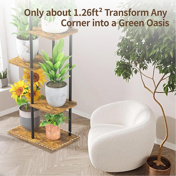 LASZOLA Black 6 Tier Wood Tall Plant Stand Indoor with Grow Lights, Large Heavy Duty Vertical Corner Rack for Multiple Planter, Sturdy Metal Rustic High Flower Shelf Holder Organizer for House Patio LASZOLA