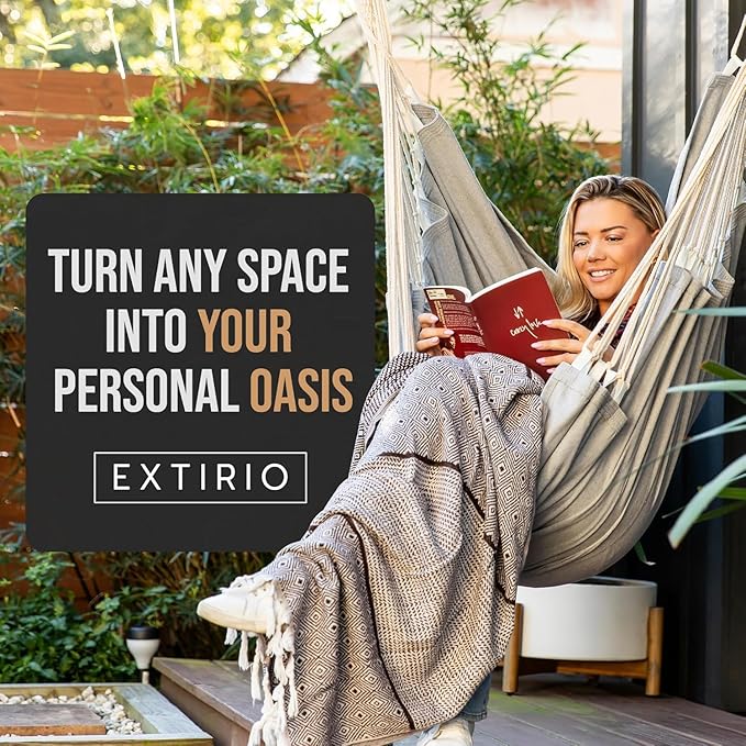 Hanging Hammock Chair Swing – Hanging Chair Outdoor & Indoor - Hammock Swing Chair – Quick & Easy Setup with Hardware Kit – Durable & Spacious Full Body Support with 2 Plush Cushions – Holds 440 Lbs EXTIRIO