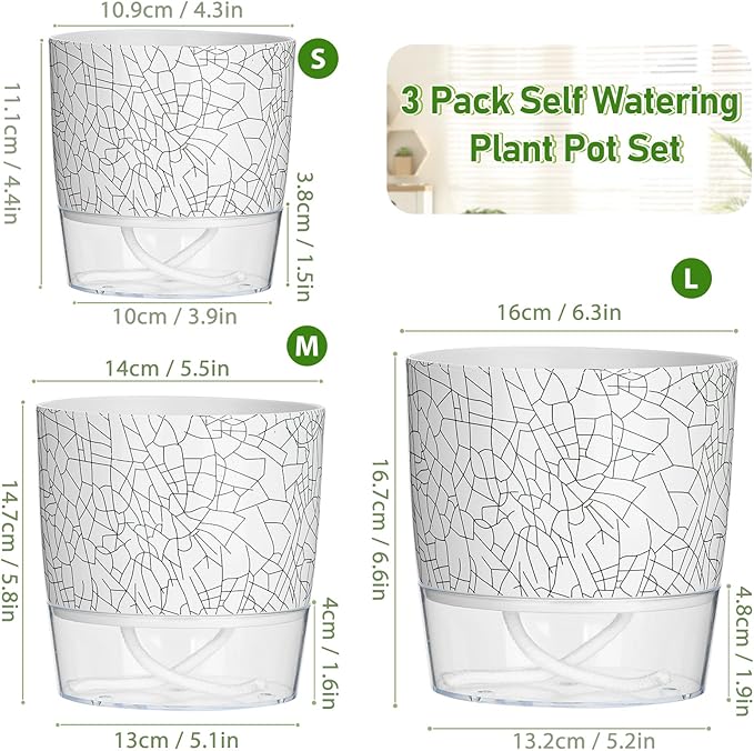 3 Pack Self Watering Pots for Indoor Plants, 4+5.5+6.3 Inch Self Watering Plant Pots, Flower Pots with Wick Rope and Reservoir - Crack Texture Samhe