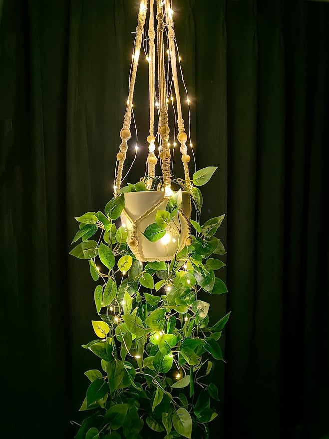 2 Packs Fake Hanging Plant with lights Artificial Plants with Pots for Home Decor Macrame Plant Hanger with Faux Vines Greenery for Bedroom Bathroom Room Ceiling Wall Boho Decor Indoor Outdoor Comtelek