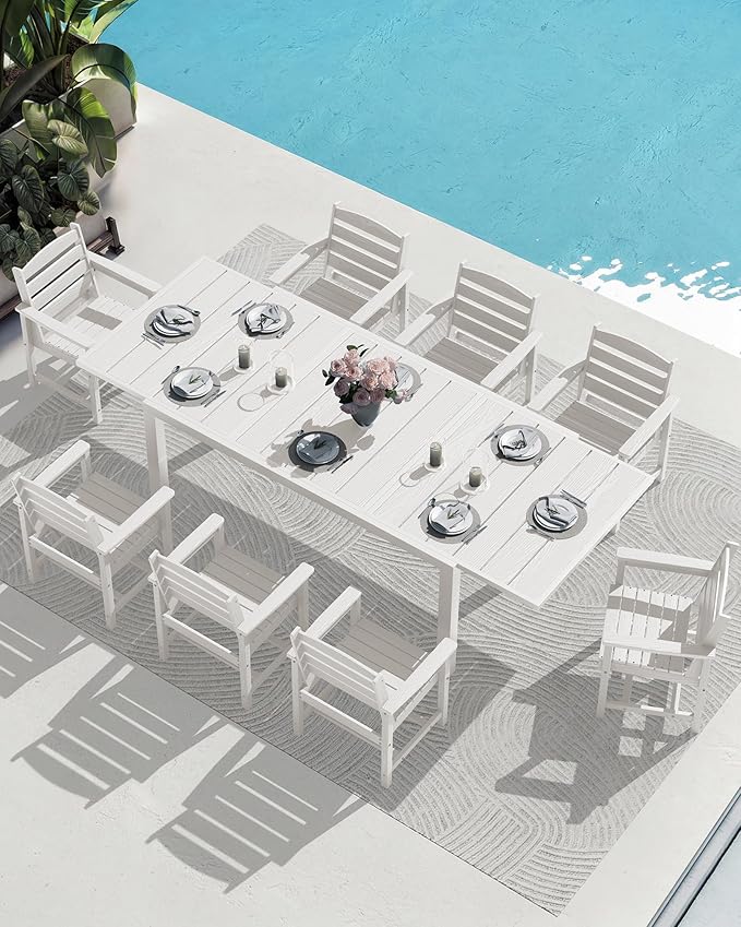 SERWALL 9-Piece Outdoor Dining Set, 60" - 83" Expandable Outdoor Dining Table and 8 HDPE Chairs, All Weather HDPE Outdoor Furniture Set for Backyard, Garden, White SERWALL