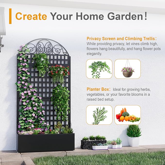 Metal Raised Garden Bed with Trellis, 79"x40"x11.8" Planter Box with Privacy Screen for Patio Deck, Freestanding Divider Fence with Drainage Holes for Climbing Plants Vines & Vegetable XOCUWU