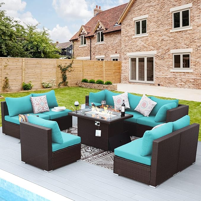 NICESOUL 9 Piece Patio Sectional Set with Firepit Natural Gas/Propane, 29.3'' High Back Tall Big Outdoor Conversation Couch Sets, Wide Sitting Furniture for Outside, Brown Rattan and Teal Cushion NICESOUL