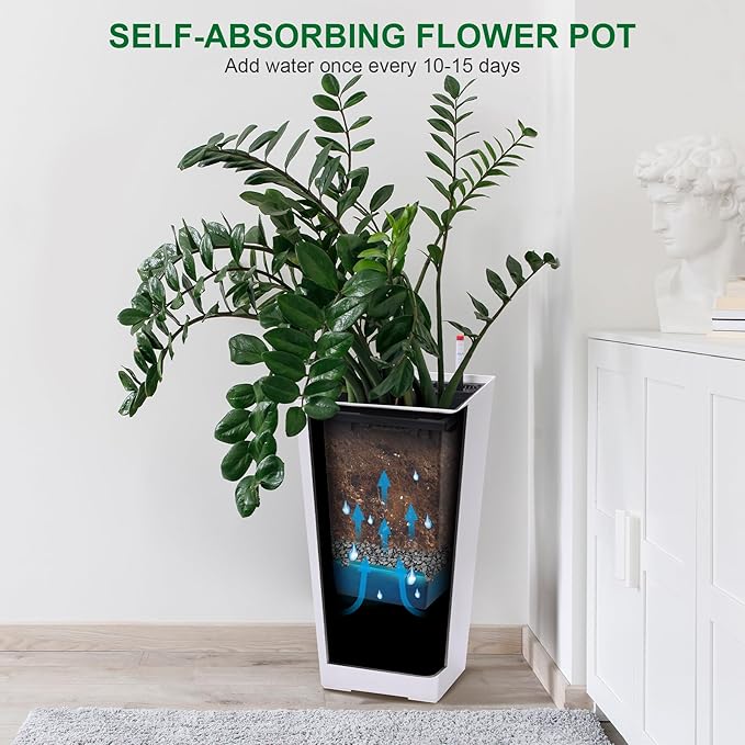Garvee 22.5" Tall Planters Set of 2, Outdoor＆Indoor Black Planter Pots, High Front Porch Planter Pots with Drainage Holes＆Water Level Monitor＆Inner Bucket,White Garvee