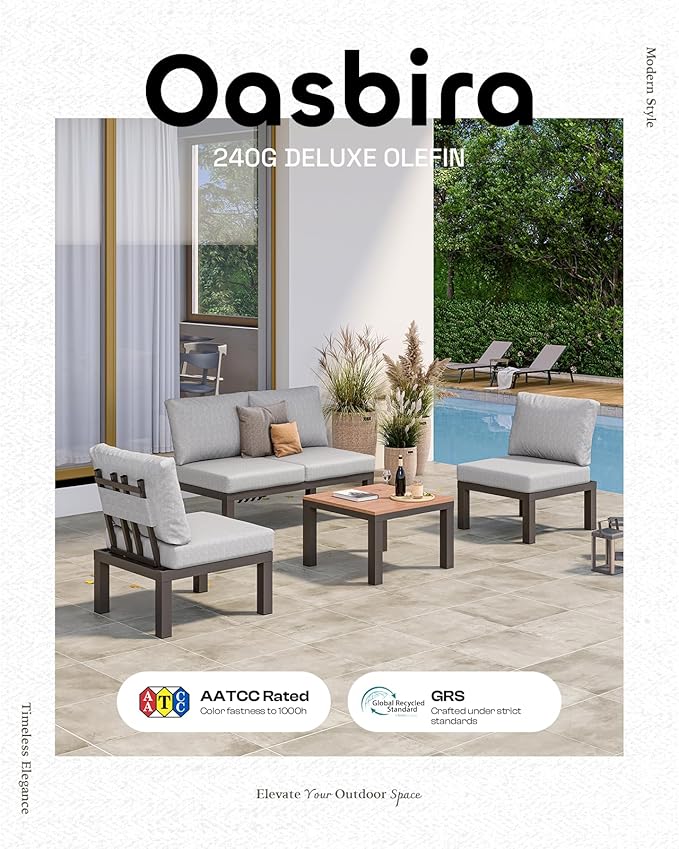 Aluminum Outdoor Patio Sofa Set, 2 Seats Modular Sectional Sofa with Side Table, Thick & Removable Cushions, All-Weather Outdoor Conversation Sets for Garden & Yard, Gray Oasbira