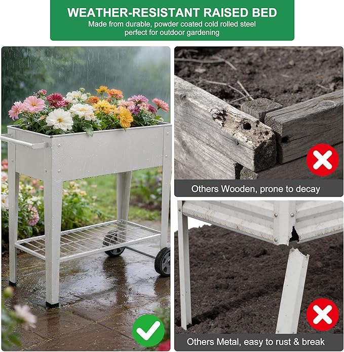 Elevated 32" Tall Raised Garden Bed with Legs and Wheels for Mobility, Metal Planter Boxes Outdoor with Shelf, Raised Bed for Gardening Vegetables/Herbs, Backyard, Patio, Balcony, Grey BIRDSINYARD