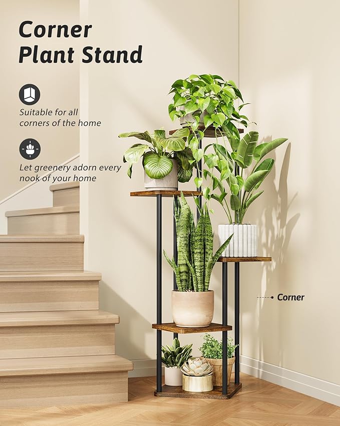 Tall Plant Stand Indoor 5 Tiered Plant Shelf for Multiple Plants Coner Shelf Stand Wood Plant Stand Metal Shelving for Living Room Bedroom Balcony Patio Brown Oak Gentingbro