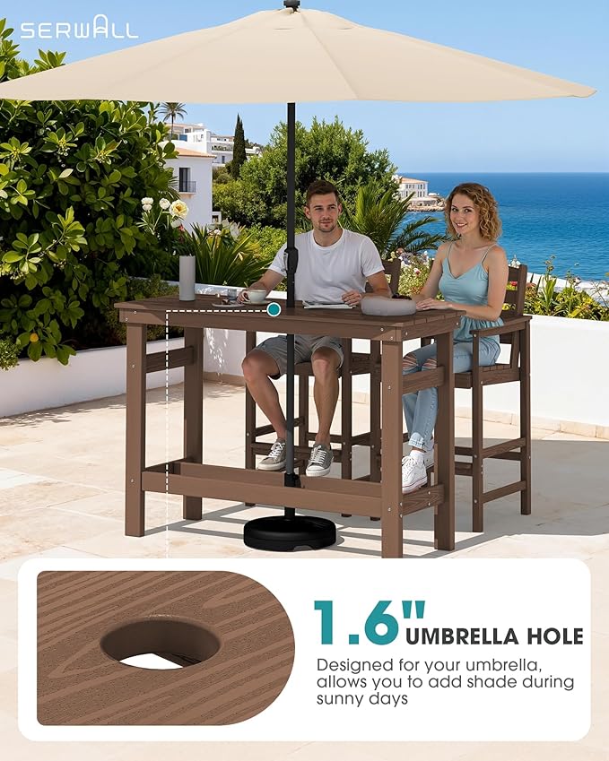 SERWALL Outdoor Bar Set - 4 Adirondack Bar Chairs & Bar Height Table with 1.6" Umbrella Hole, All-Weather HDPE Patio Furniture for Poolside, Backyard, Garden - Brown SERWALL