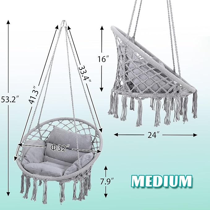 Macrame Hammock Hanging Swinging Chair with Medium Cushion, Perfect for Bedroom, Porch, Adults, Balcony, Grey KROFEM