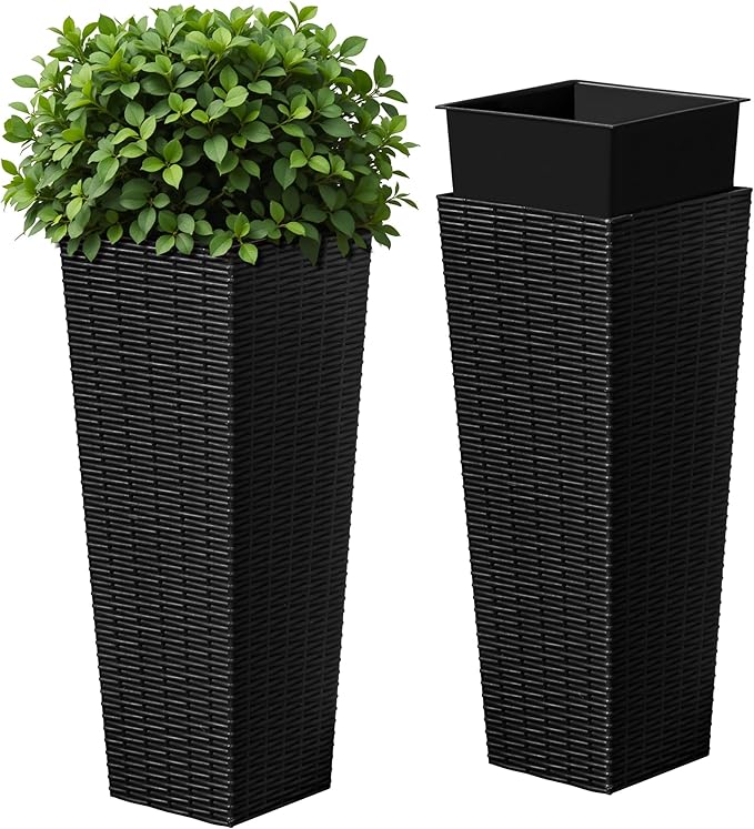 Devoko Resin Tall Planters for Outdoor Plants Set of 2, Large Taper Outdoor Planter Pots with 4 Drainage Holes, Flower Pots Modern Decor for Porch, Patio, Backyard, Home Garden (Black, 24") DEVOKO