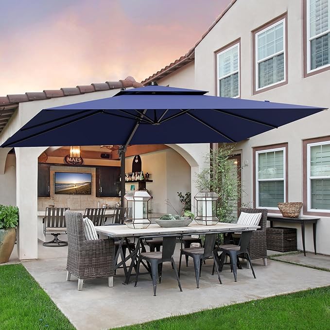 9x12FT Navy Blue Cantilever Outdoor Patio Umbrella with Base, Large Rectangular Offset Design, Double Top Heavy Duty Aluminum Frame & 360° Rotation for Pool Garden Deck Backyard ZLACUIU