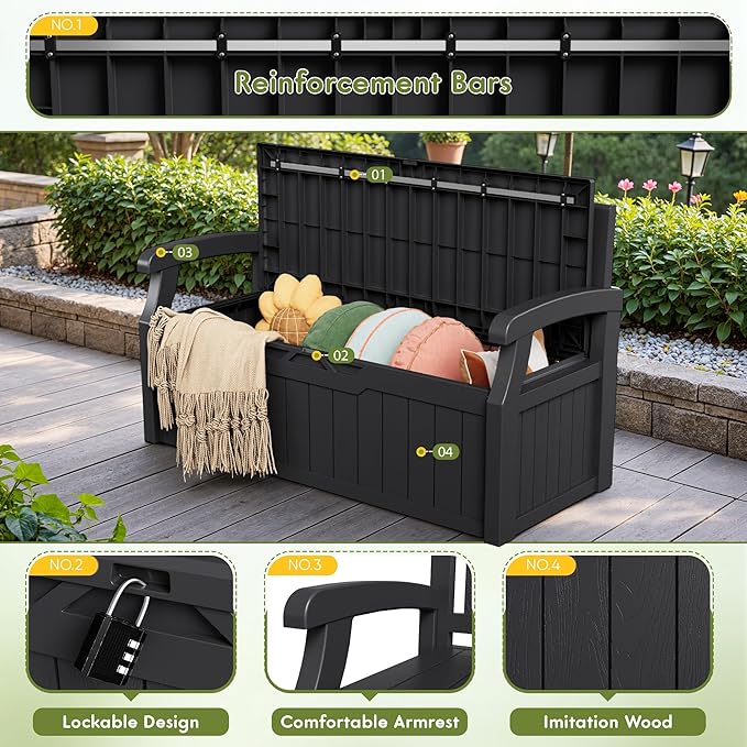 Greesum 80 Gallon Deck Box Storage Bench, Patio Furniture, Lockable, Waterproof and UV Resistant,with Armrest, Suitable for Garden, Porch, Poolside, Dark Black BuynowfromGreesum