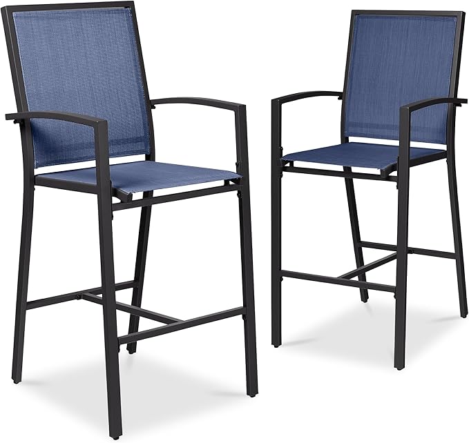 Best Choice Products Outdoor Bar Stools Set of 2, Bar Height, Patio Furniture, All Weather Mesh Design w/Armrest - Black/Navy BestChoiceProducts