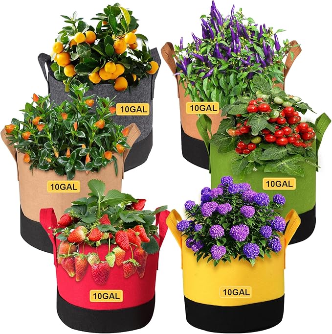 Grow Bags 10 Gallon,6 Pack Fabric Plant Pots with Handles Planter Bag for Outdoor Garden Planting Vegetables Flowers Fruit SouilGoal