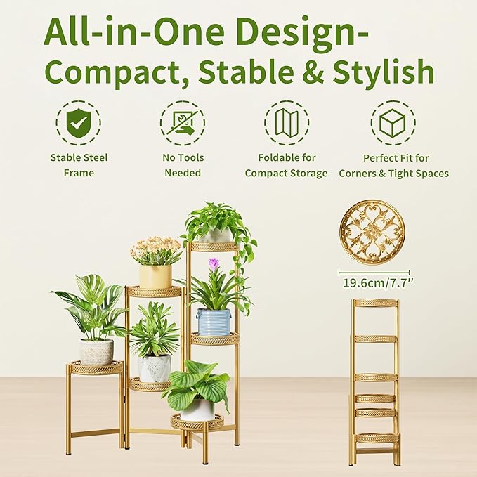 6 Tiered Plant Stand Indoor for Multiple Large Planter, Tall Heavy Duty Adjustable Folding Rack with Rustproof 7.9 Inch Wide Tray, Plant Shelf for Corner Living Room - GoldWave Rootora