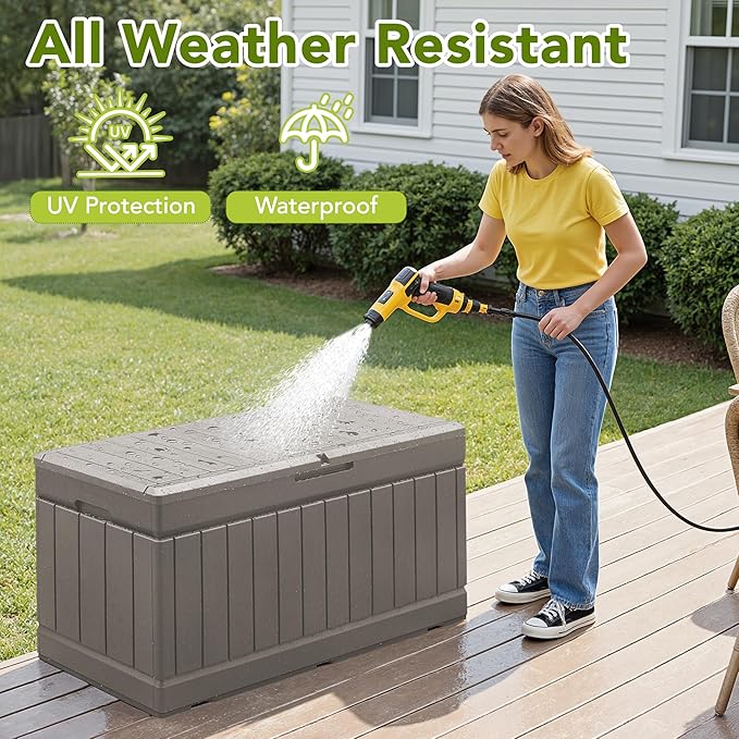 Devoko 78 Gallon Deck Box, Waterproof Resin Outdoor Storage Box for Outside and Patio, Outdoor Storage Bench Lockable for Patio Furniture, Garden Tools and Pool Supplies (Light Brown, 78 Gallon) DEVOKO