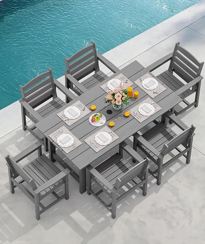 SERWALL 8-Piece Patio Dining Sets with 15FT Double Side Patio Umbrella, Outdoor HDPE Dining Furniture Set with Umbrella Hole Cut-Out Table and 6 Chairs, Gray（Umbreall Base not Included） SERWALL