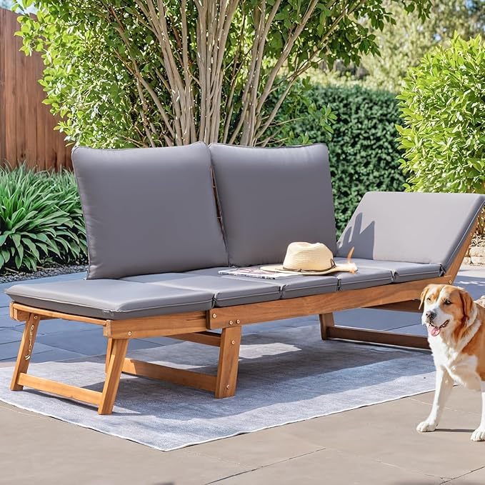 Devoko Outdoor Couch Acacia Wood Patio Couch with Adjustable Armrests, Outdoor Convertible Sofa with Removable Cushions & Pillows for Patio, Porch, Poolside(Grey) DEVOKO