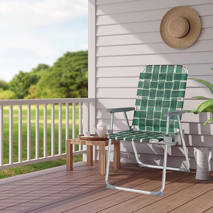 VINGLI Folding Aluminum Webbed Lawn Chairs with Detachable Cup Holder, High Beach Chair for Adults Heavy Duty, Portable Patio Chair, Camping Chair for Yard, Garden, 2 Pack VINGLI